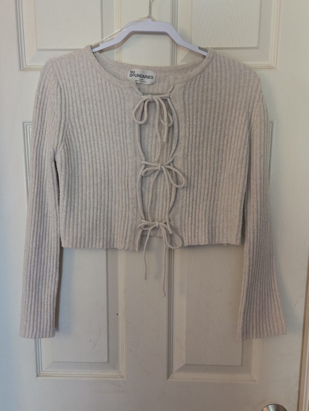 No Boundaries Light Beige Ribbed Tie-Front Crop Sweater